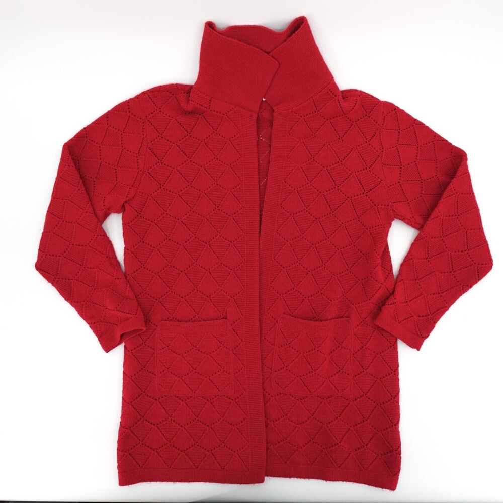 Vintage British Vogue Sweater Womens Large Red Long Sleeve Open Pocket USA Wool